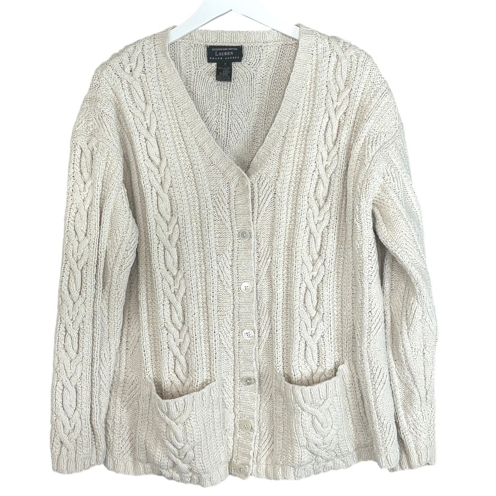 Vintage Lauren Ralph Lauren Cream Cable Knit Cardigan Hand Knit Sweater Womens S